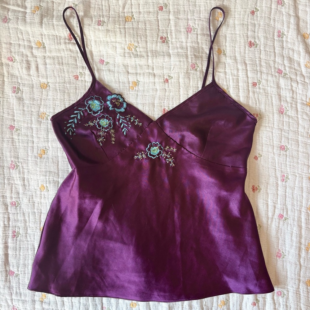 Embroidered Floral Satin Cami Purple FairyCore Tank Top